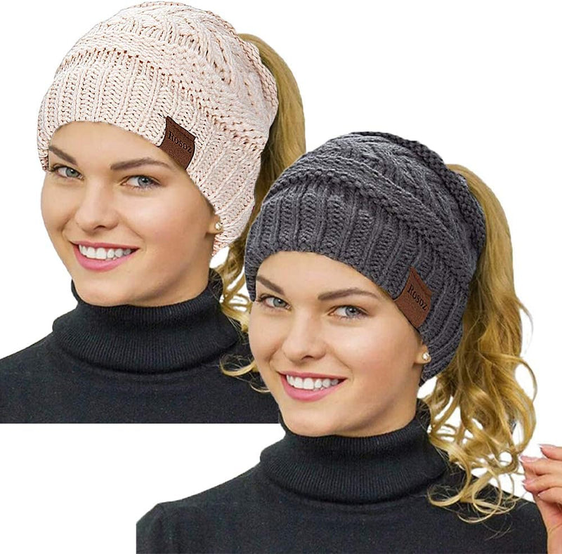 Rosoz 2 Pack Ponytail Beanie for Women