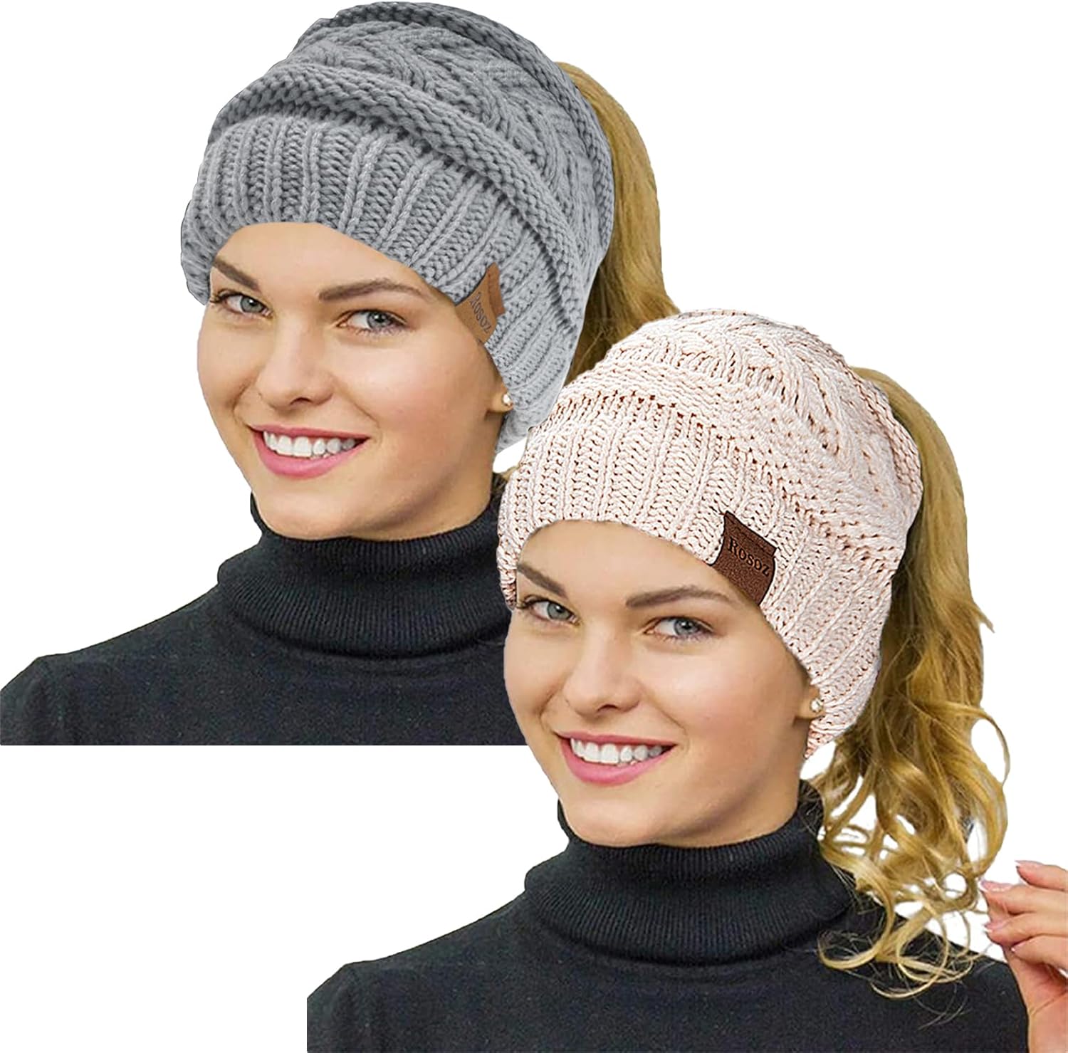 Rosoz 2 Pack Ponytail Beanie for Women
