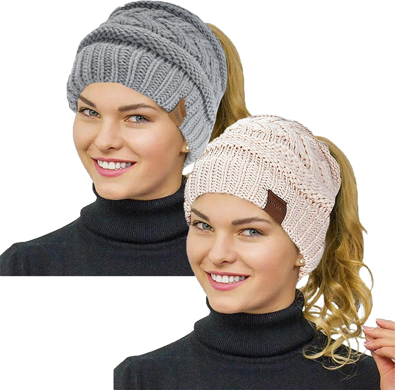 Rosoz 2 Pack Ponytail Beanie for Women