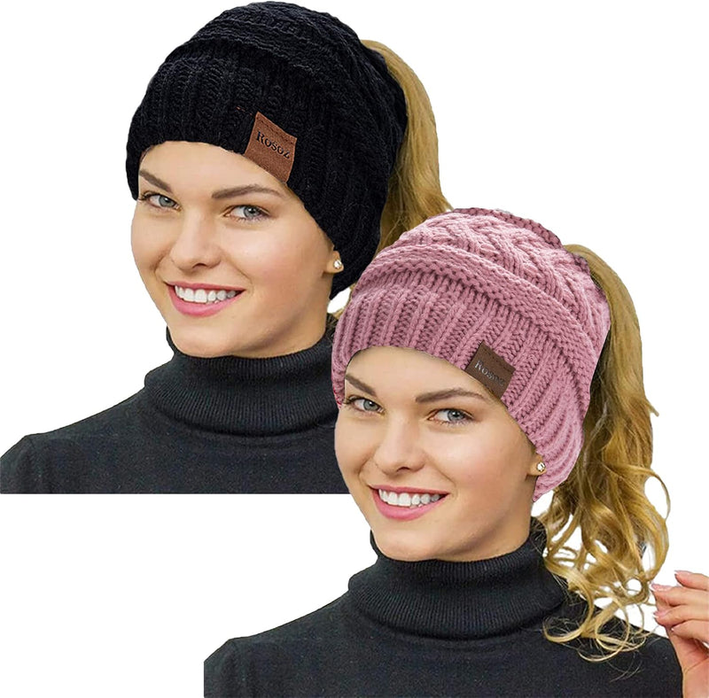 Rosoz 2 Pack Ponytail Beanie for Women