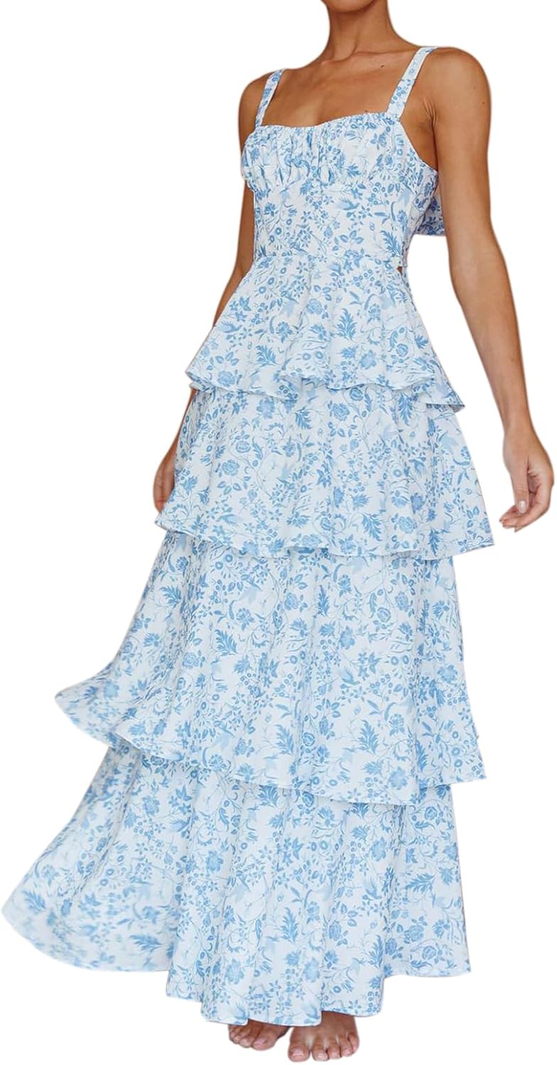 Floral Sleeveless Tiered Boho Maxi Dress