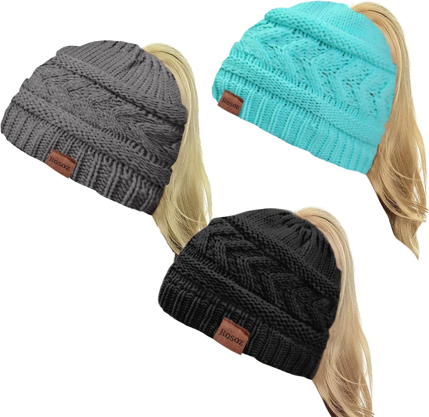 Rosoz 2 Pack Ponytail Beanie for Women