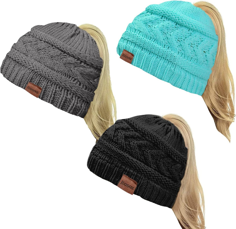 Rosoz 2 Pack Ponytail Beanie for Women