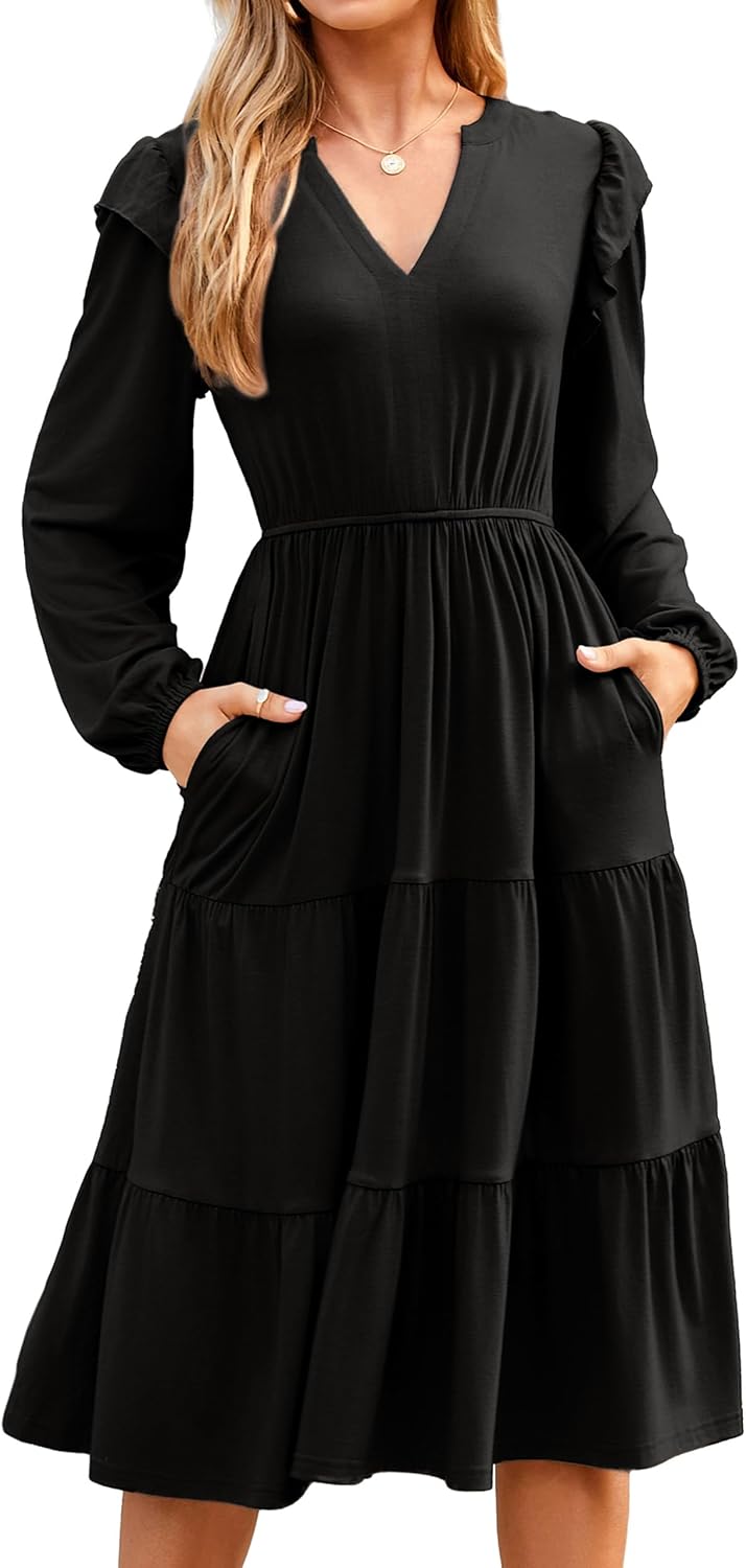 Glamaker Women’s Casual A-Line Midi Dress with Pockets