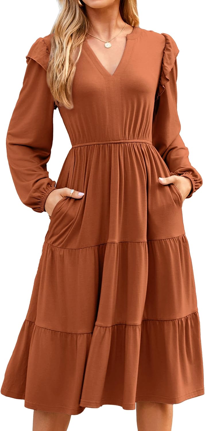 Glamaker Women’s Casual A-Line Midi Dress with Pockets