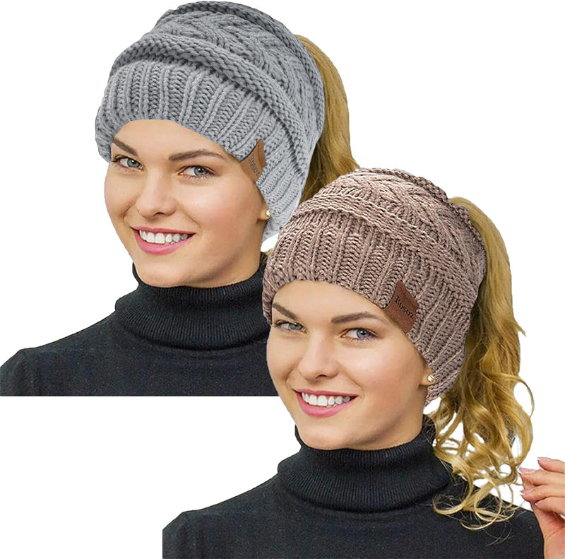 Rosoz 2 Pack Ponytail Beanie for Women