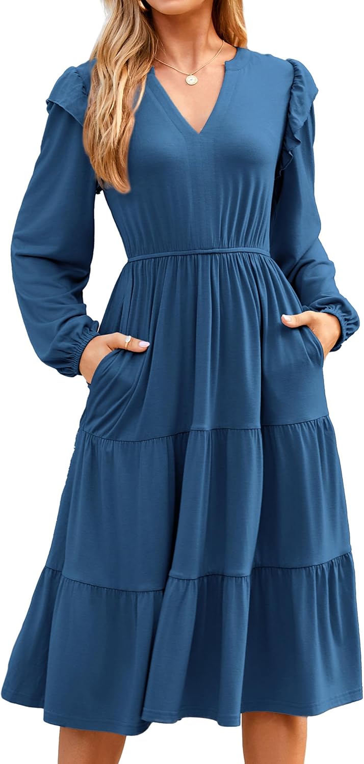 Glamaker Women’s Casual A-Line Midi Dress with Pockets