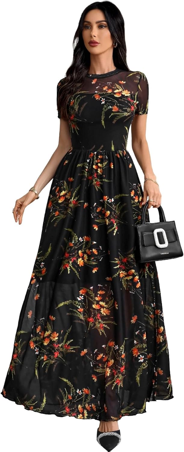 GothDark Women's Floral Mesh Maxi Dress