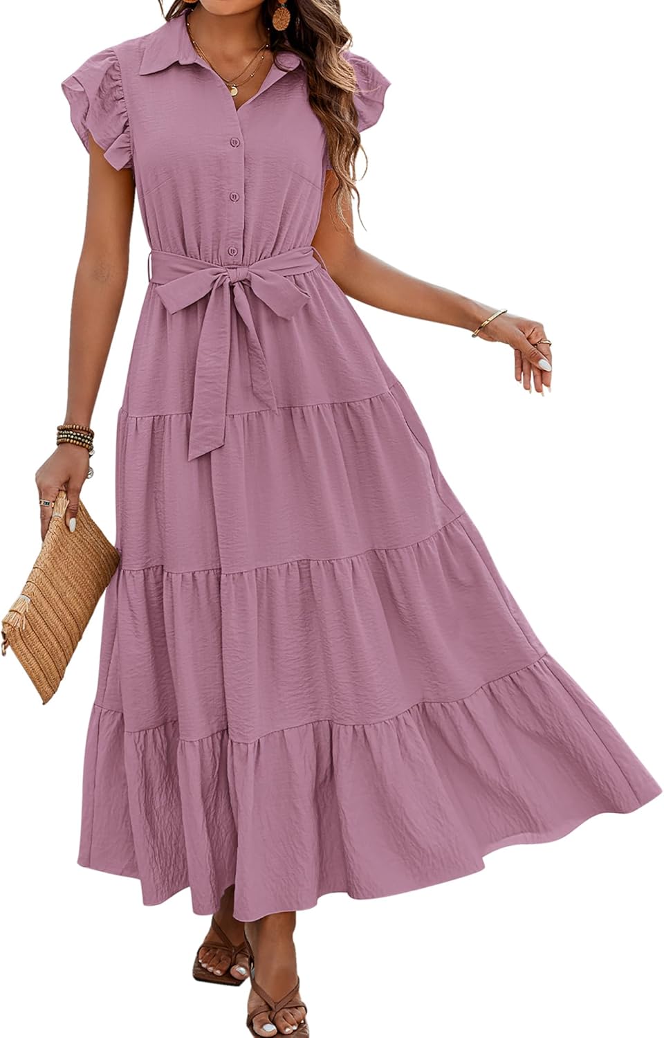 dowerme Women’s Boho V-Neck Tiered Maxi Dress with Pockets