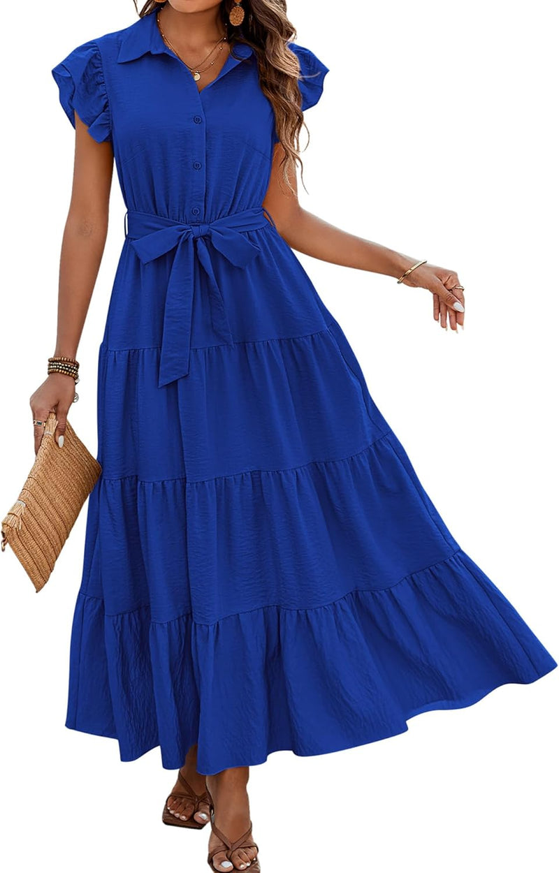 dowerme Women’s Boho V-Neck Tiered Maxi Dress with Pockets