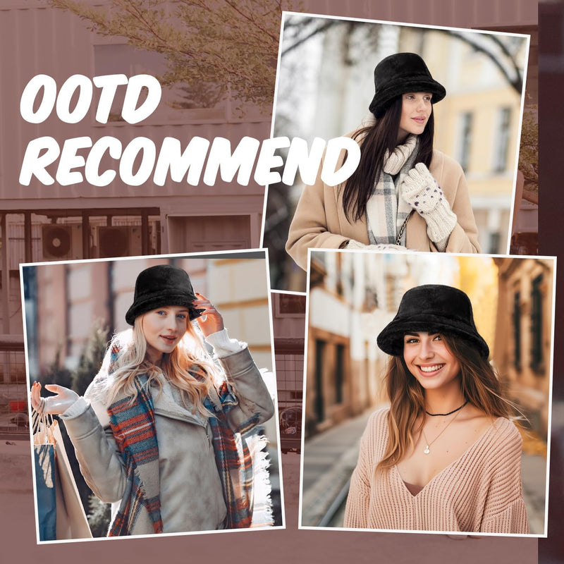 HONGTEYA Winter Fluffy Faux Fur Bucket Hat