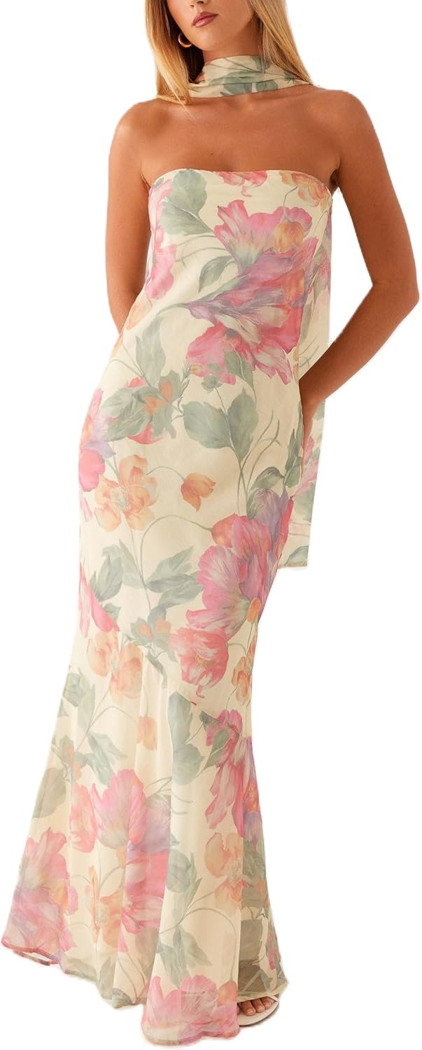 Women Strapless Floral Dress with Sarf Mesh Tube
