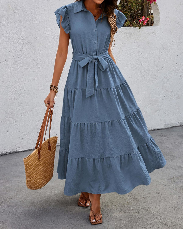 dowerme Women’s Boho V-Neck Tiered Maxi Dress with Pockets