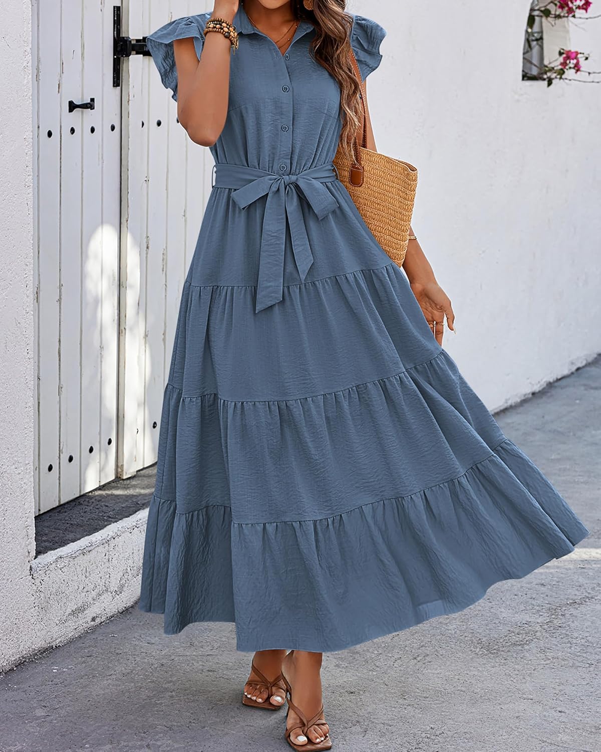 dowerme Women’s Boho V-Neck Tiered Maxi Dress with Pockets