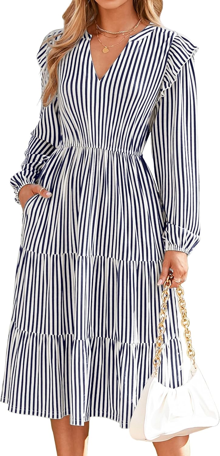 Glamaker Women’s Casual A-Line Midi Dress with Pockets