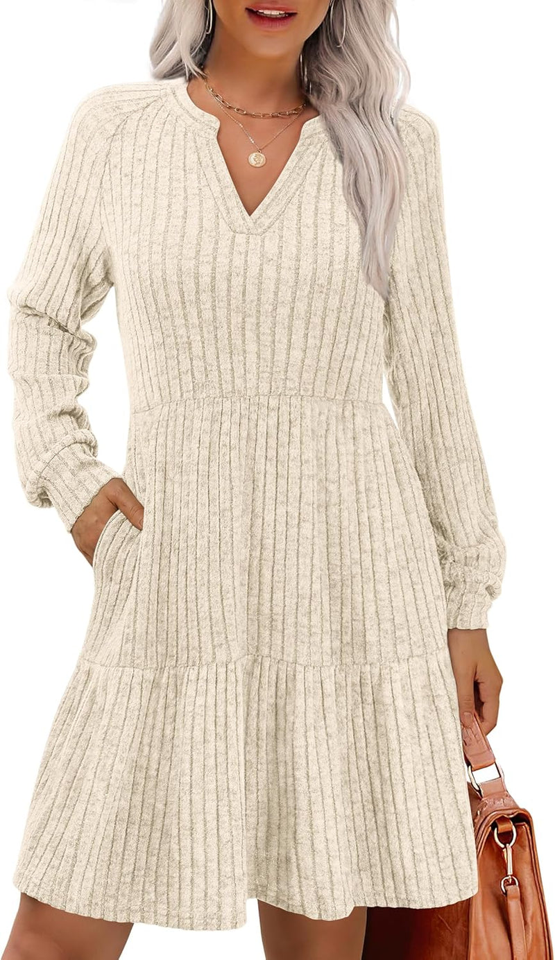 IWD Women’s Cozy V-Neck A-Line Knit Dress with Pockets