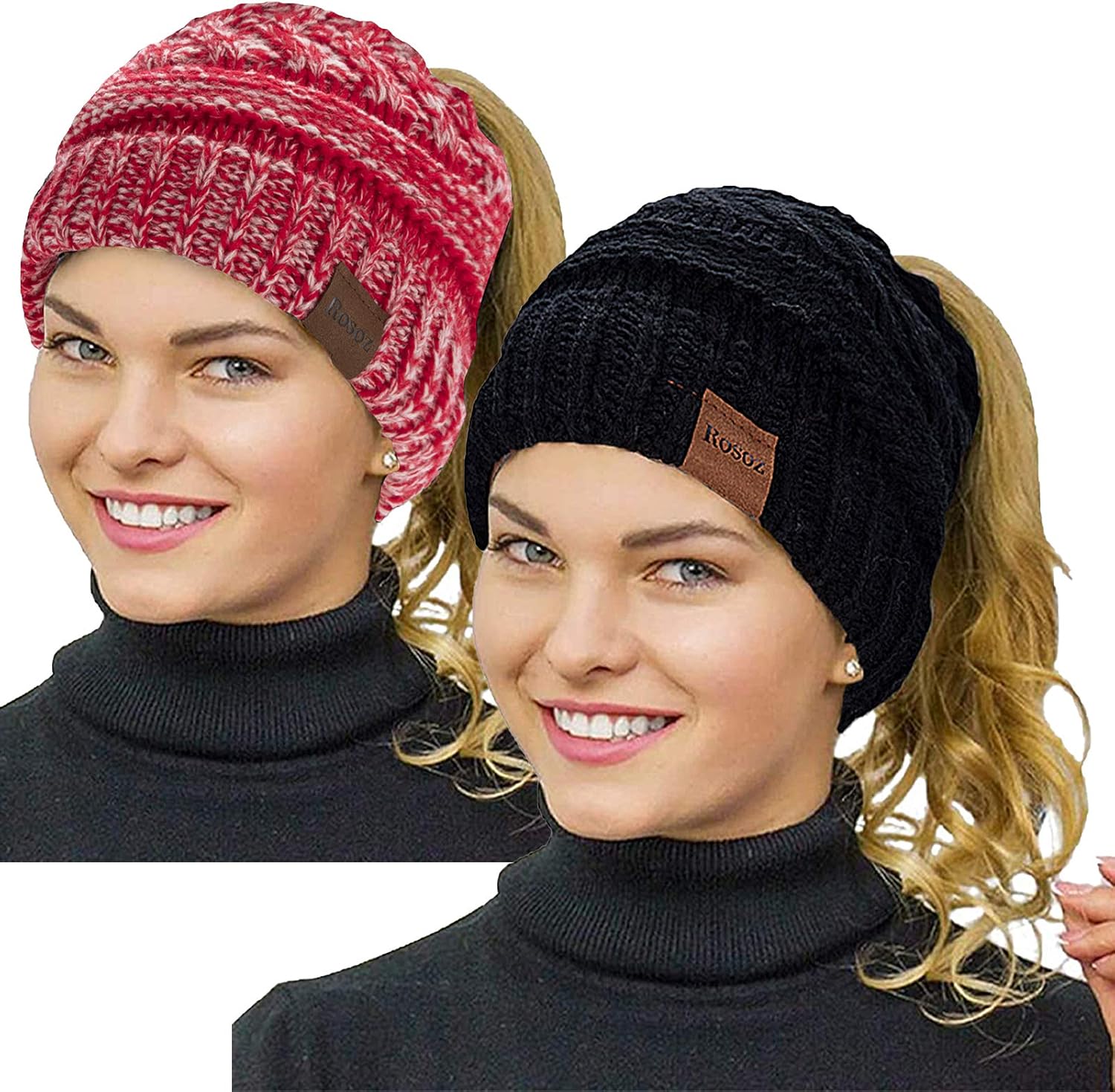 Rosoz 2 Pack Ponytail Beanie for Women