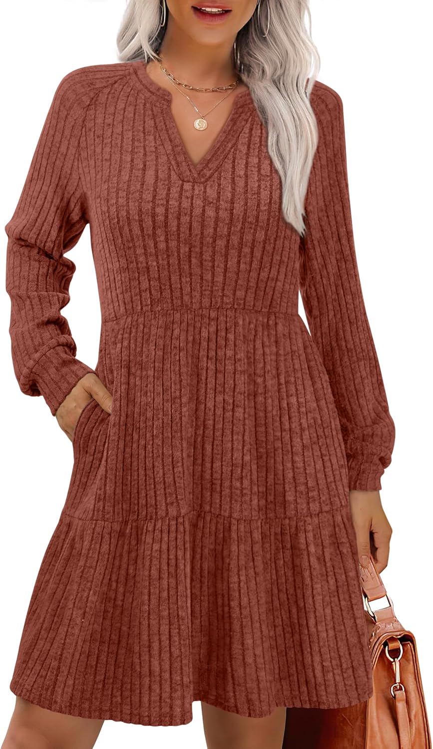 IWD Women’s Cozy V-Neck A-Line Knit Dress with Pockets