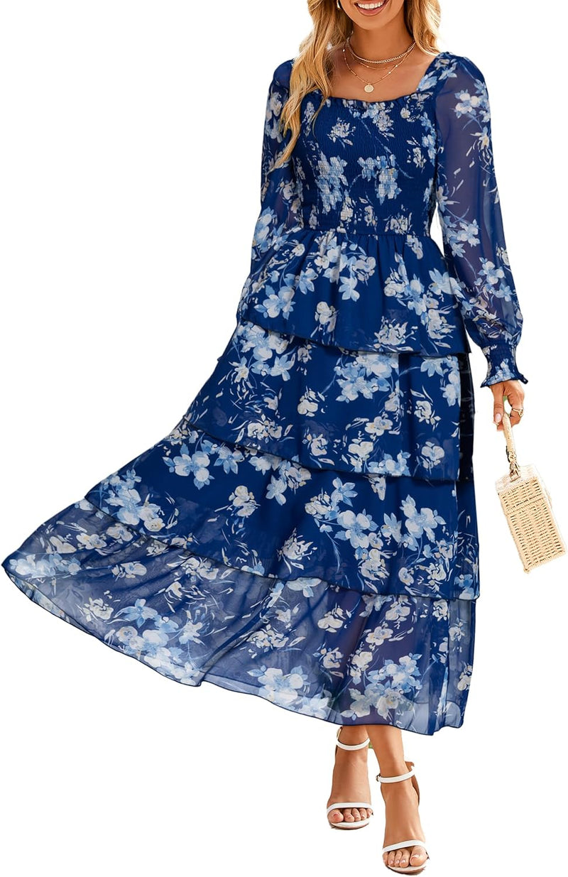 Simplee Women’s Floral Smocked Tiered Maxi Dress