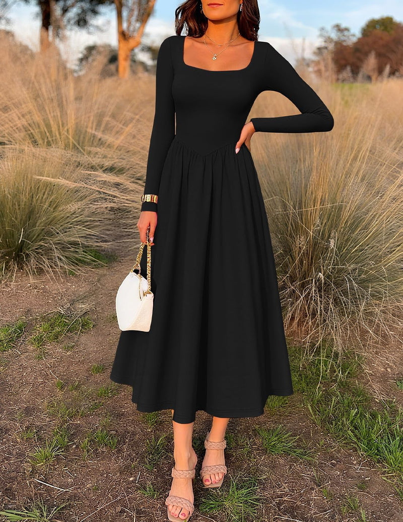 ZESICA Elegant Classy Square Neck Party Midi Dress