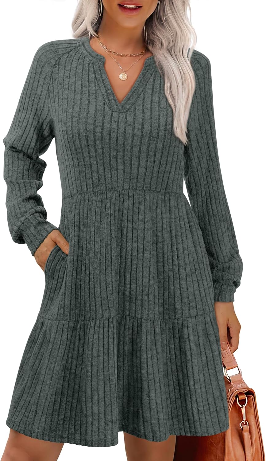 IWD Women’s Cozy V-Neck A-Line Knit Dress with Pockets