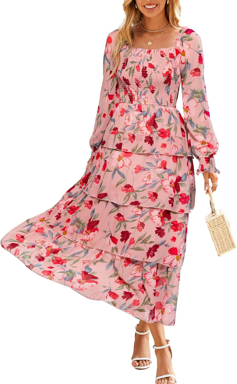 Simplee Women’s Floral Smocked Tiered Maxi Dress