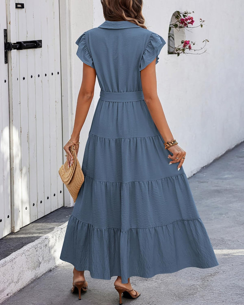 dowerme Women’s Boho V-Neck Tiered Maxi Dress with Pockets