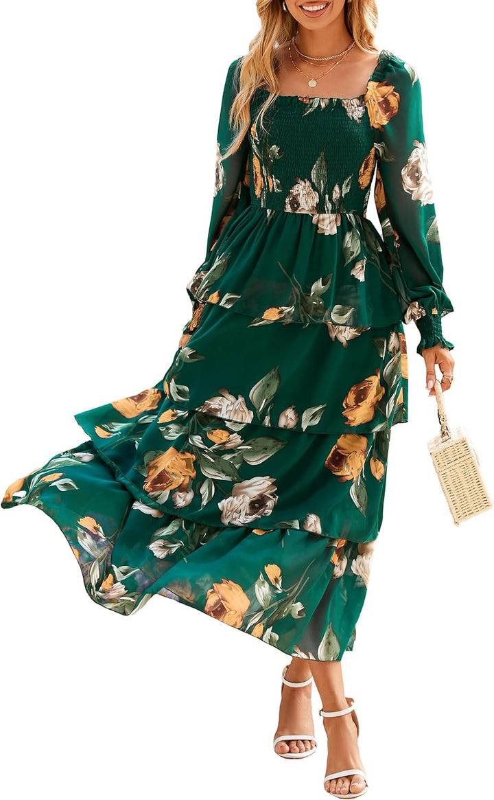 Simplee Women’s Floral Smocked Tiered Maxi Dress