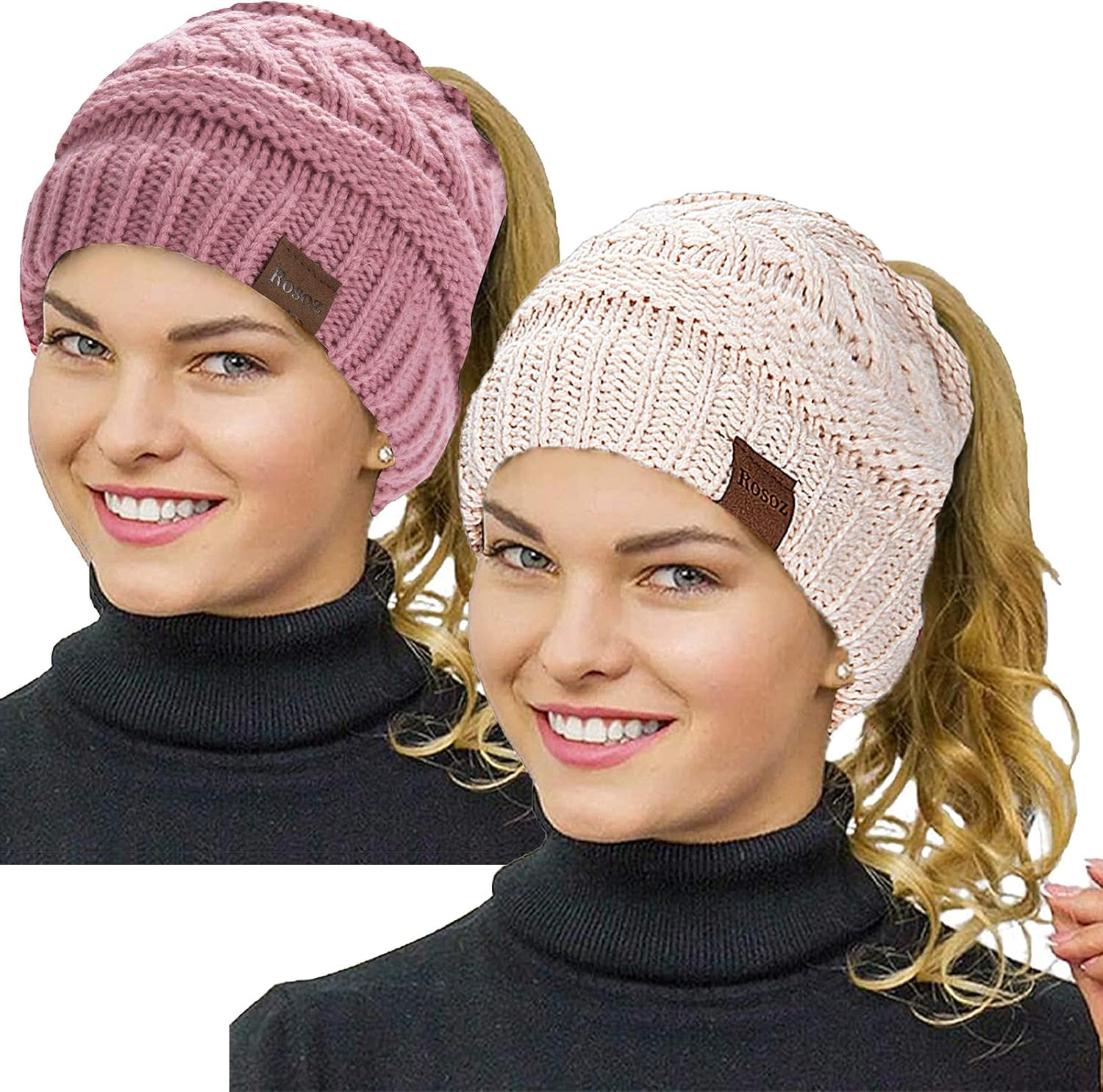 Rosoz 2 Pack Ponytail Beanie for Women