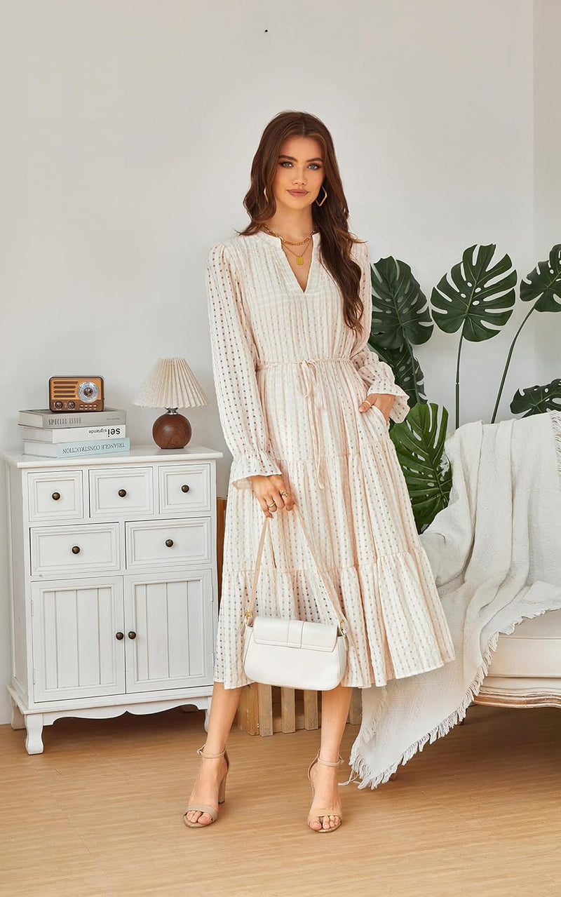 ECOWISH Women Winter Midi Pleated Casual Dress