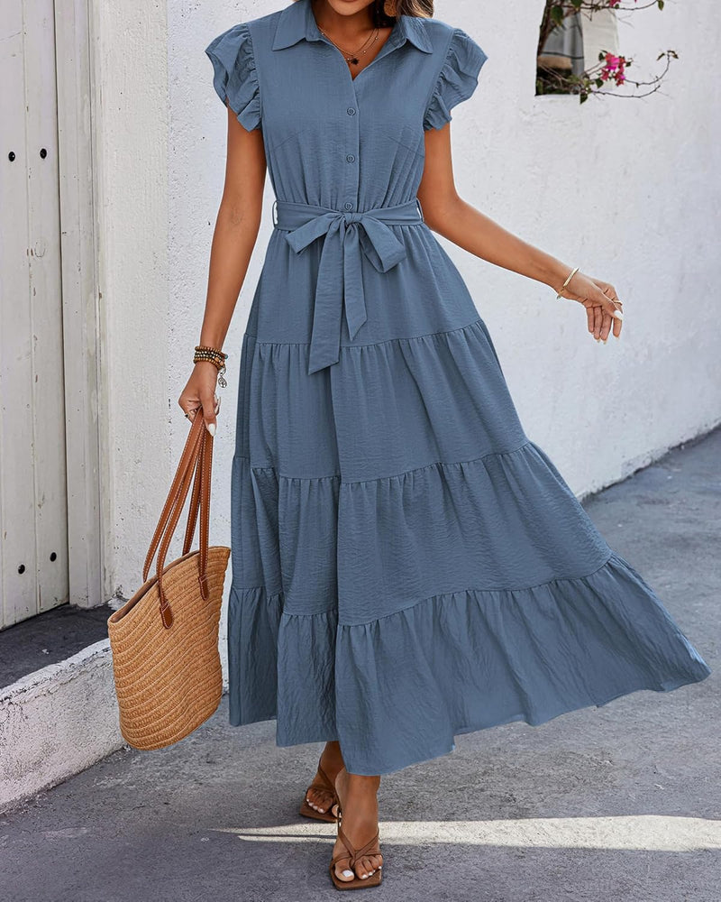 dowerme Women’s Boho V-Neck Tiered Maxi Dress with Pockets