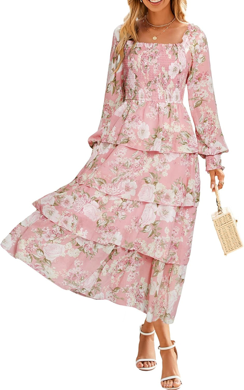 Simplee Women’s Floral Smocked Tiered Maxi Dress