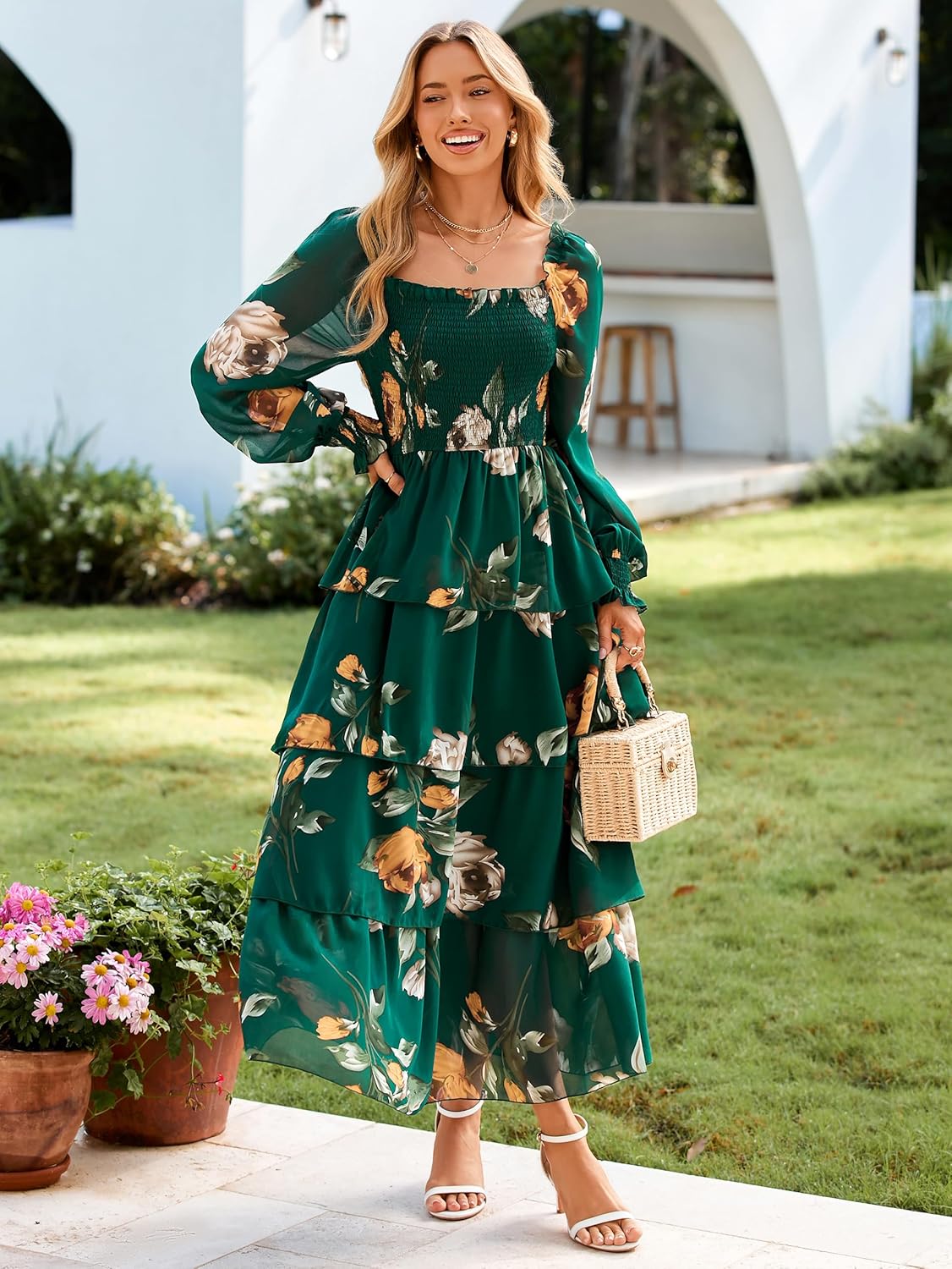 Simplee Women’s Floral Smocked Tiered Maxi Dress