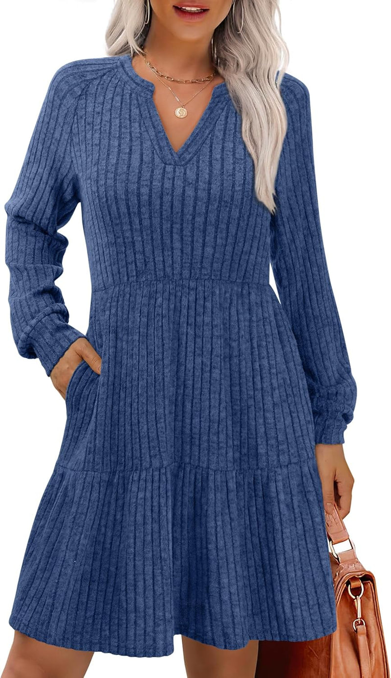 IWD Women’s Cozy V-Neck A-Line Knit Dress with Pockets