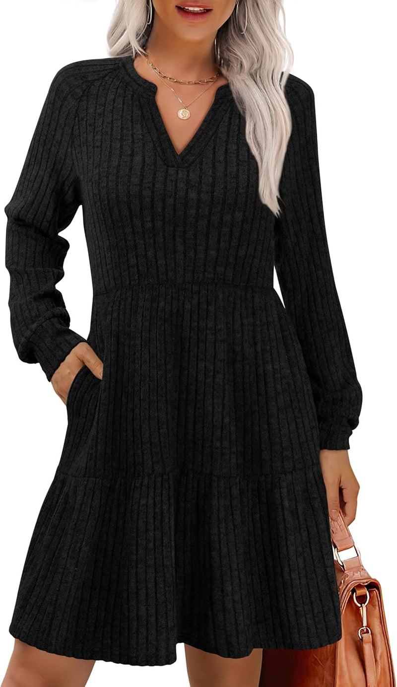 IWD Women’s Cozy V-Neck A-Line Knit Dress with Pockets