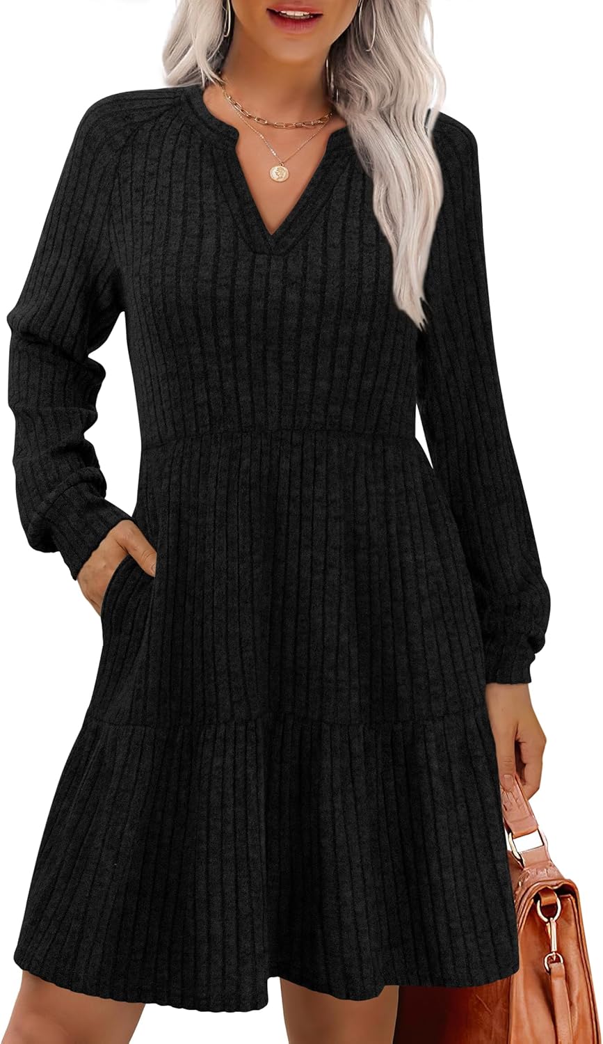 IWD Women’s Cozy V-Neck A-Line Knit Dress with Pockets