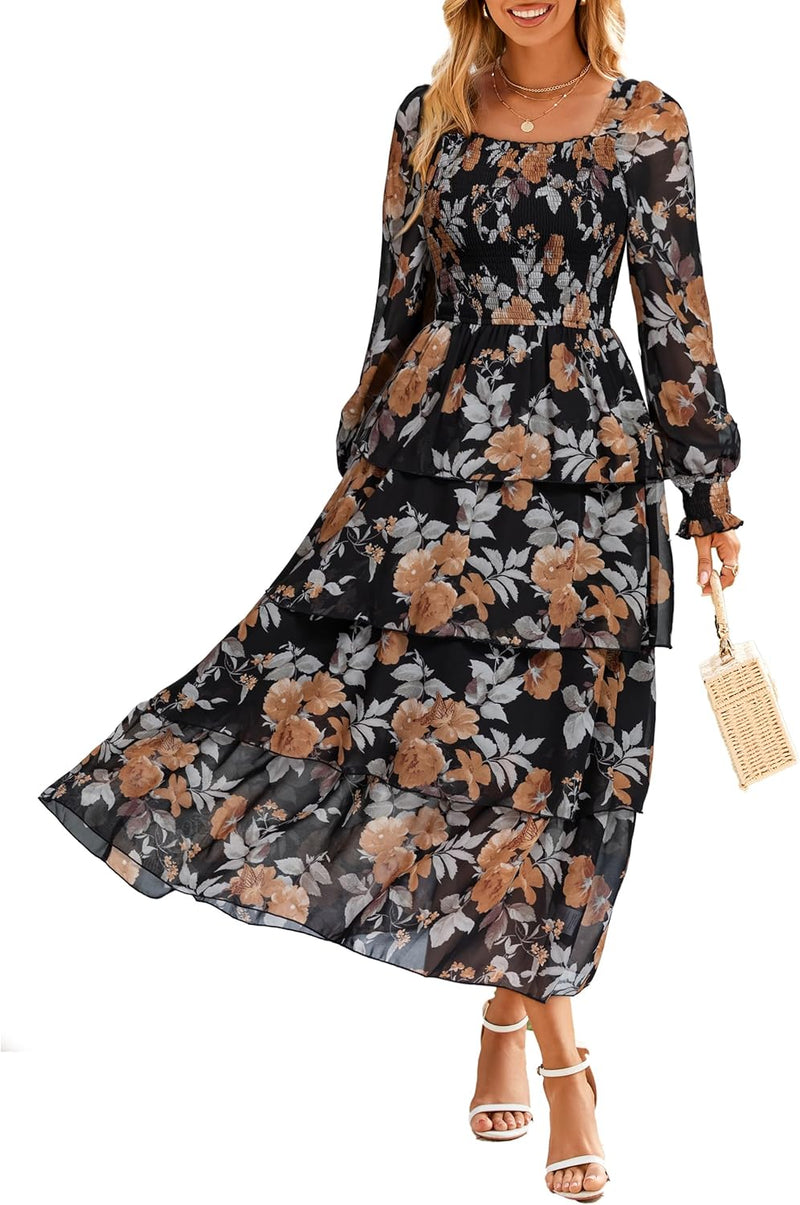 Simplee Women’s Floral Smocked Tiered Maxi Dress