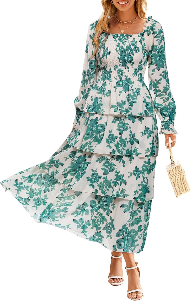 Simplee Women’s Floral Smocked Tiered Maxi Dress