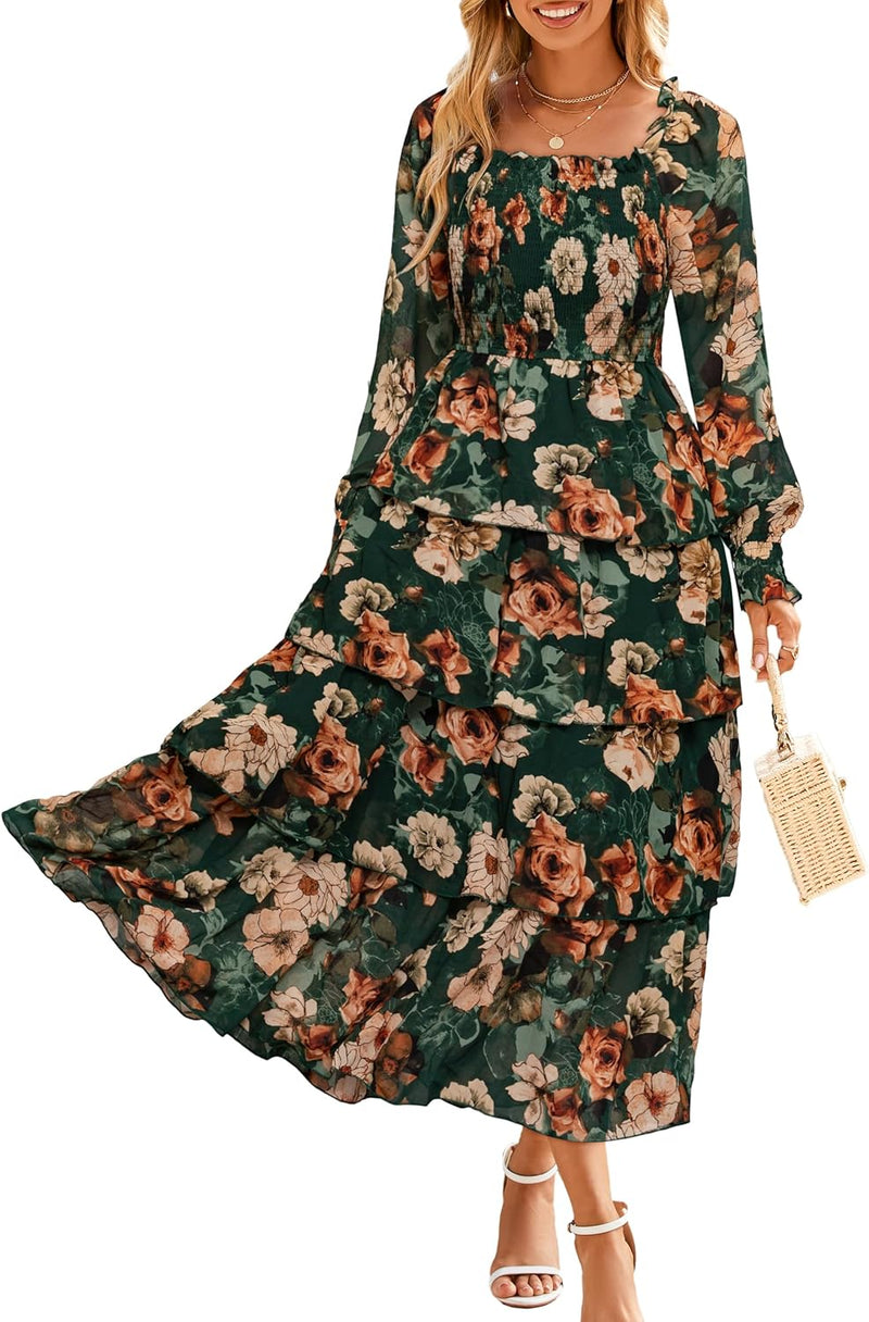 Simplee Women’s Floral Smocked Tiered Maxi Dress