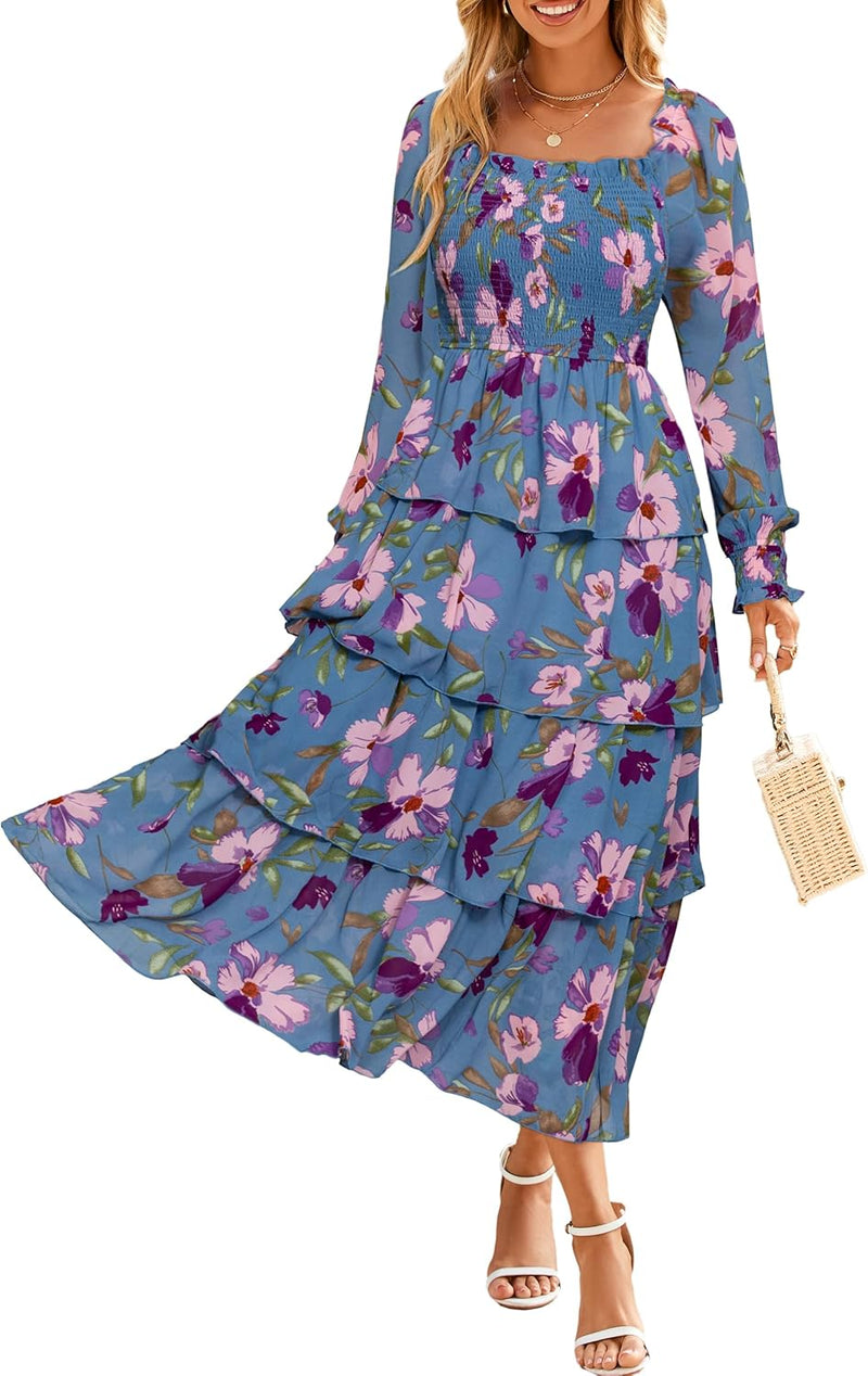 Simplee Women’s Floral Smocked Tiered Maxi Dress