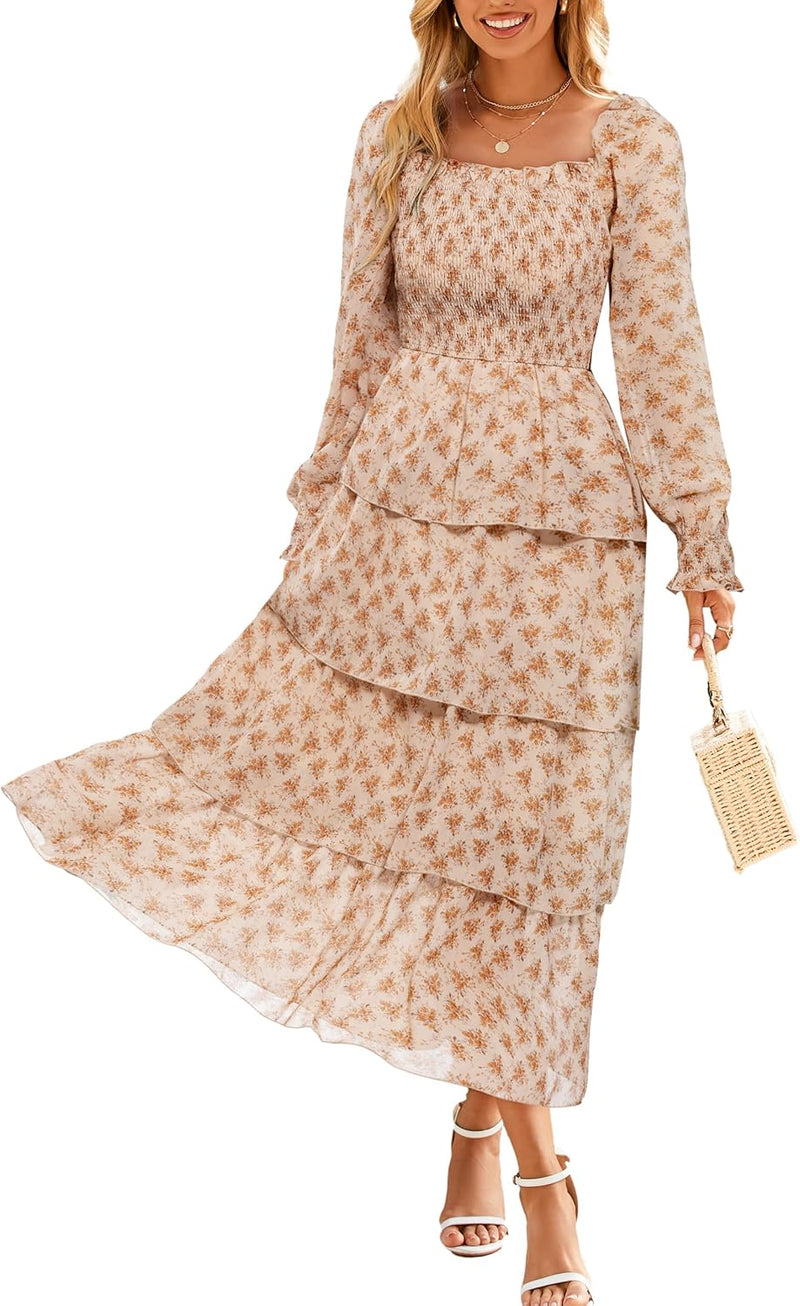 Simplee Women’s Floral Smocked Tiered Maxi Dress