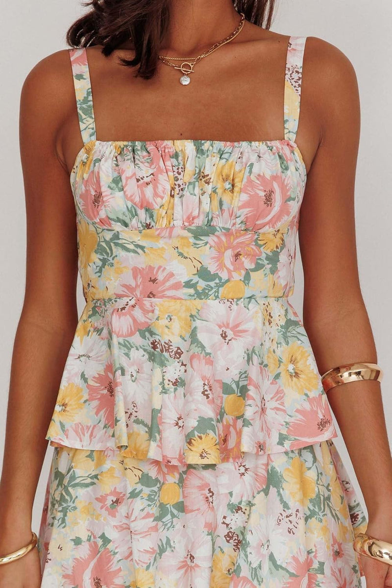 Floral Sleeveless Tiered Boho Maxi Dress