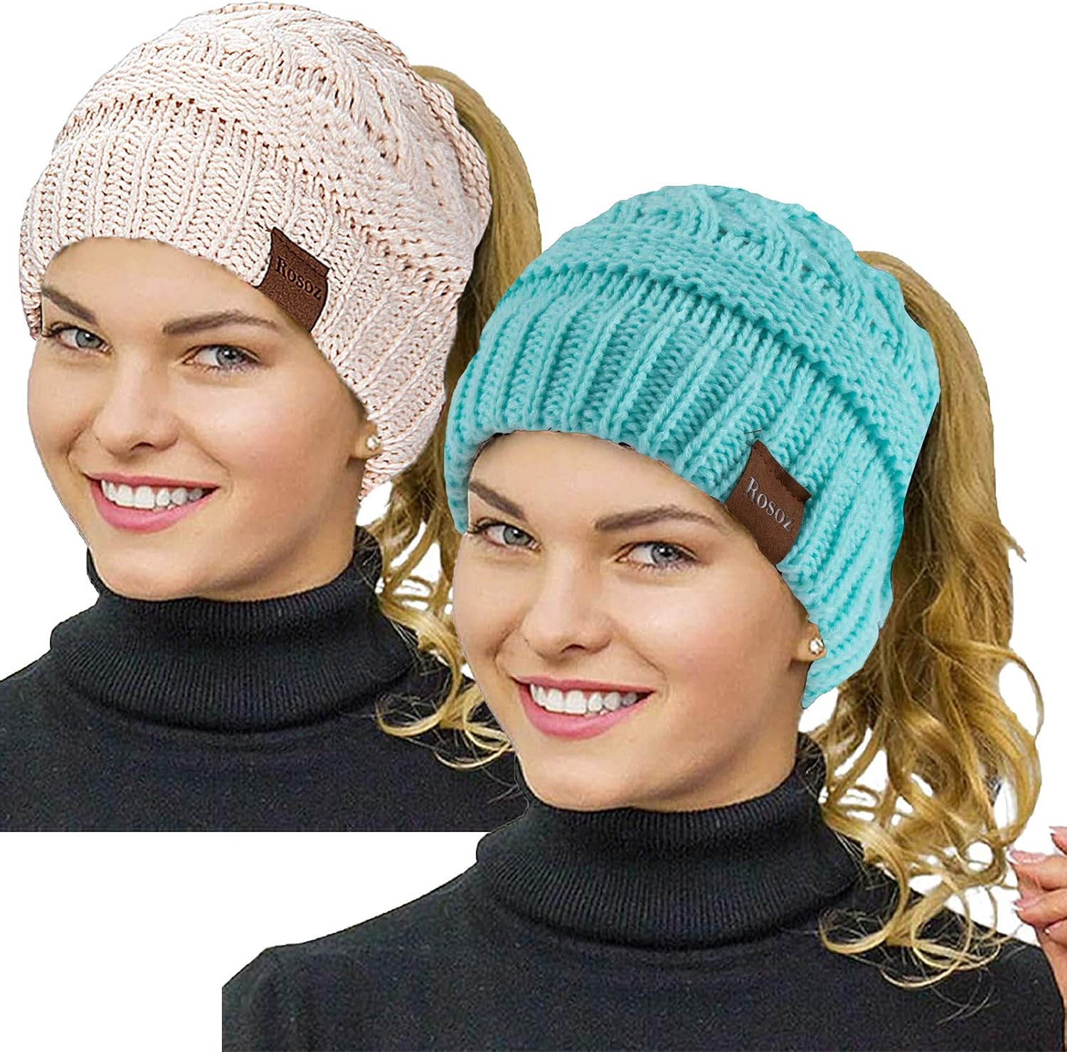 Rosoz 2 Pack Ponytail Beanie for Women