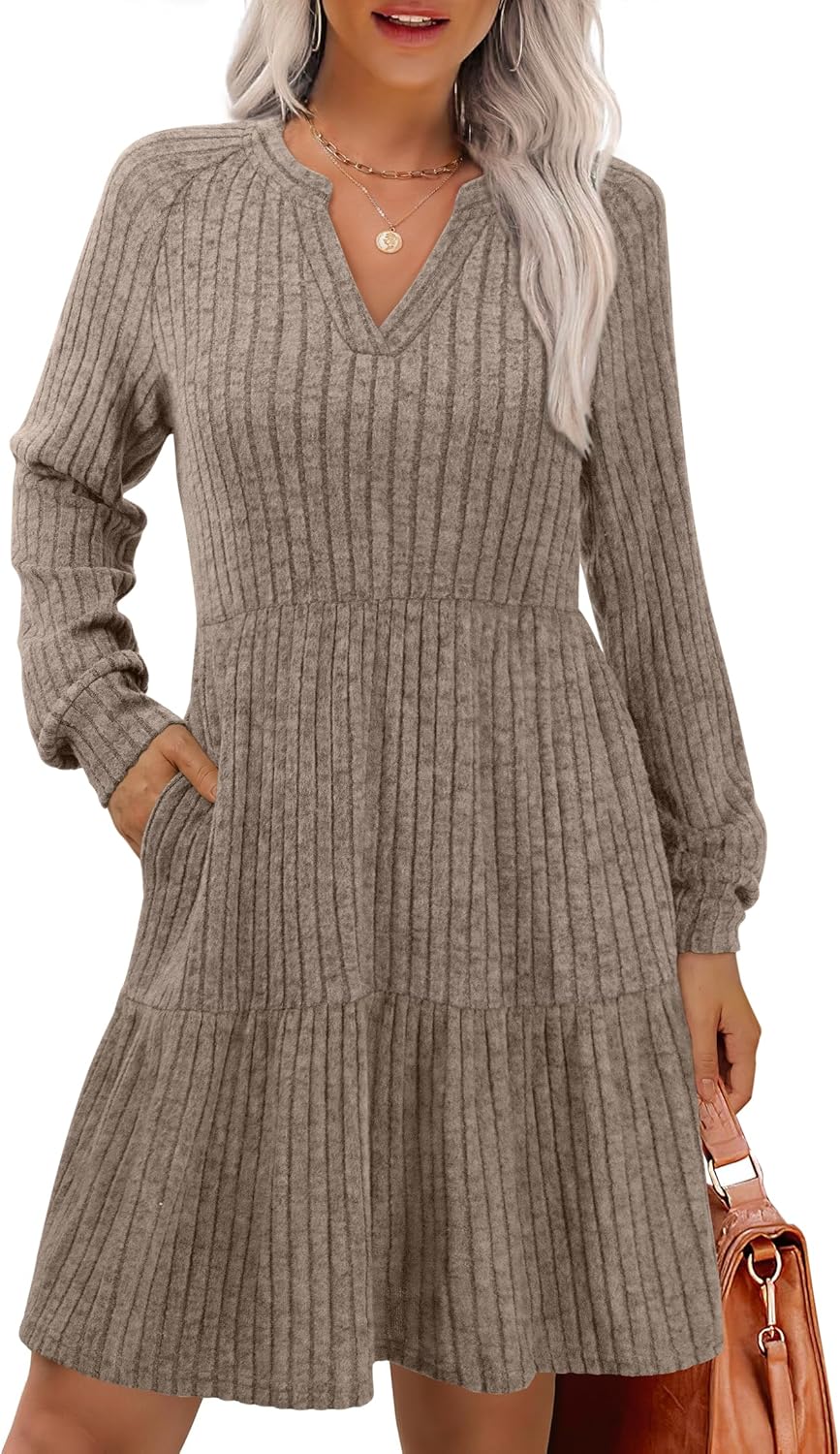 IWD Women’s Cozy V-Neck A-Line Knit Dress with Pockets