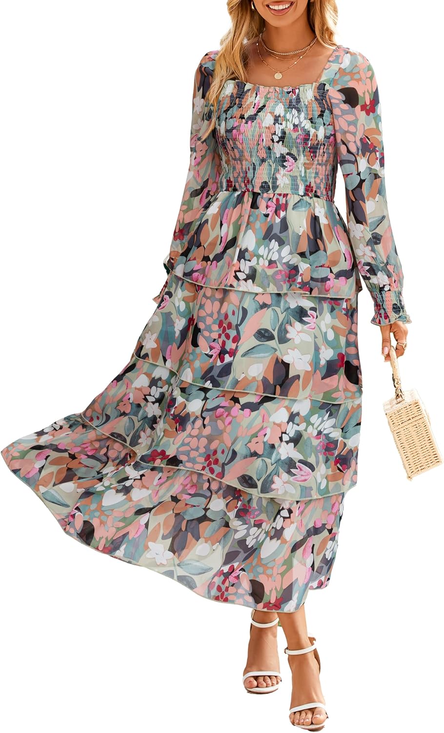 Simplee Women’s Floral Smocked Tiered Maxi Dress