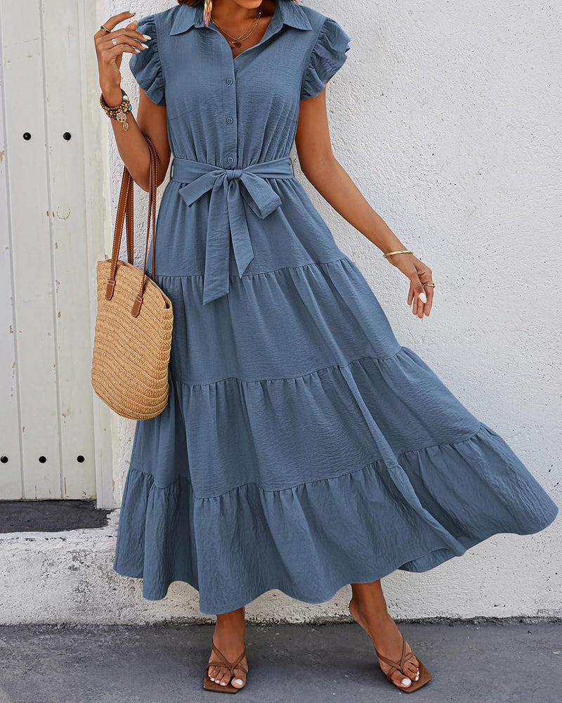 dowerme Women’s Boho V-Neck Tiered Maxi Dress with Pockets